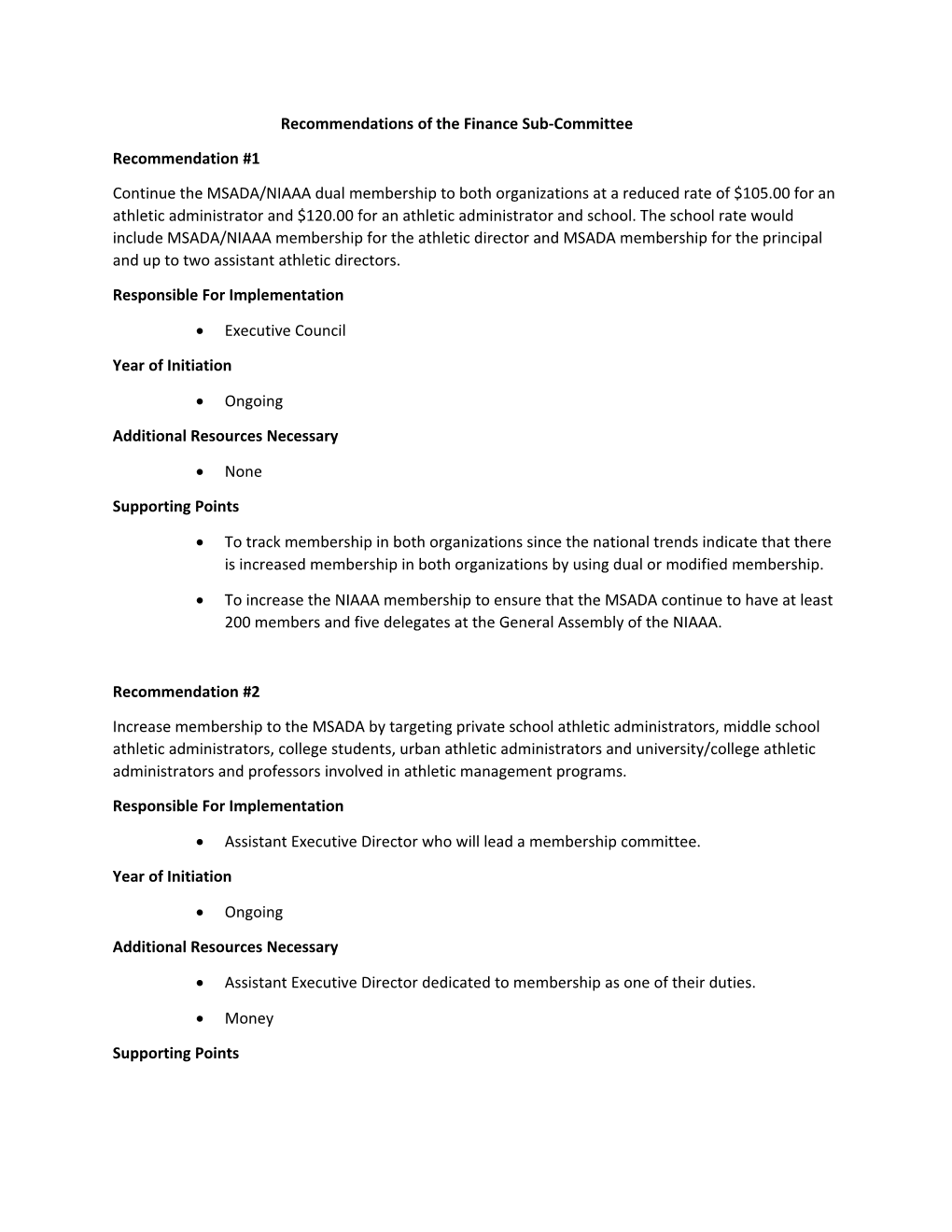 Recommendations of the Finance Sub-Committee