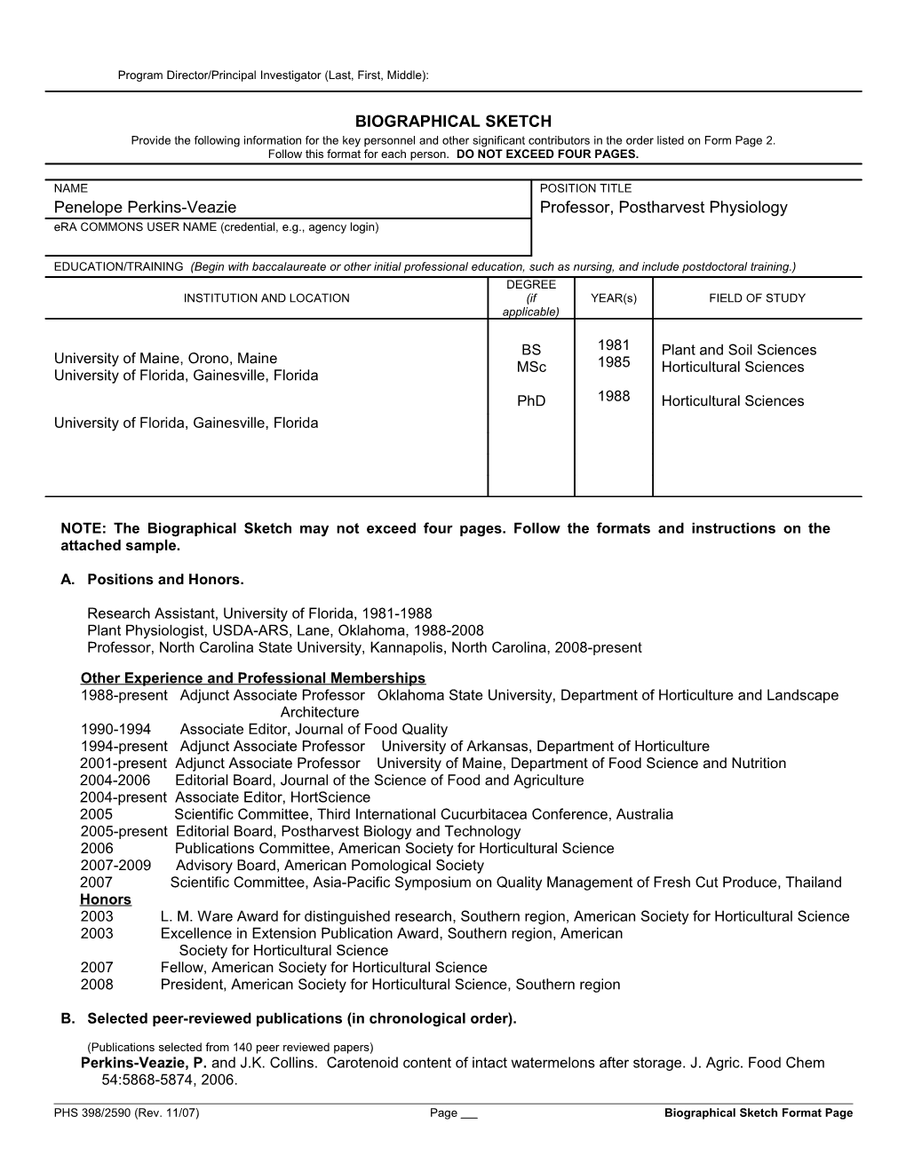 PHS 398 (Rev. 11/07), Biographical Sketch Format Page