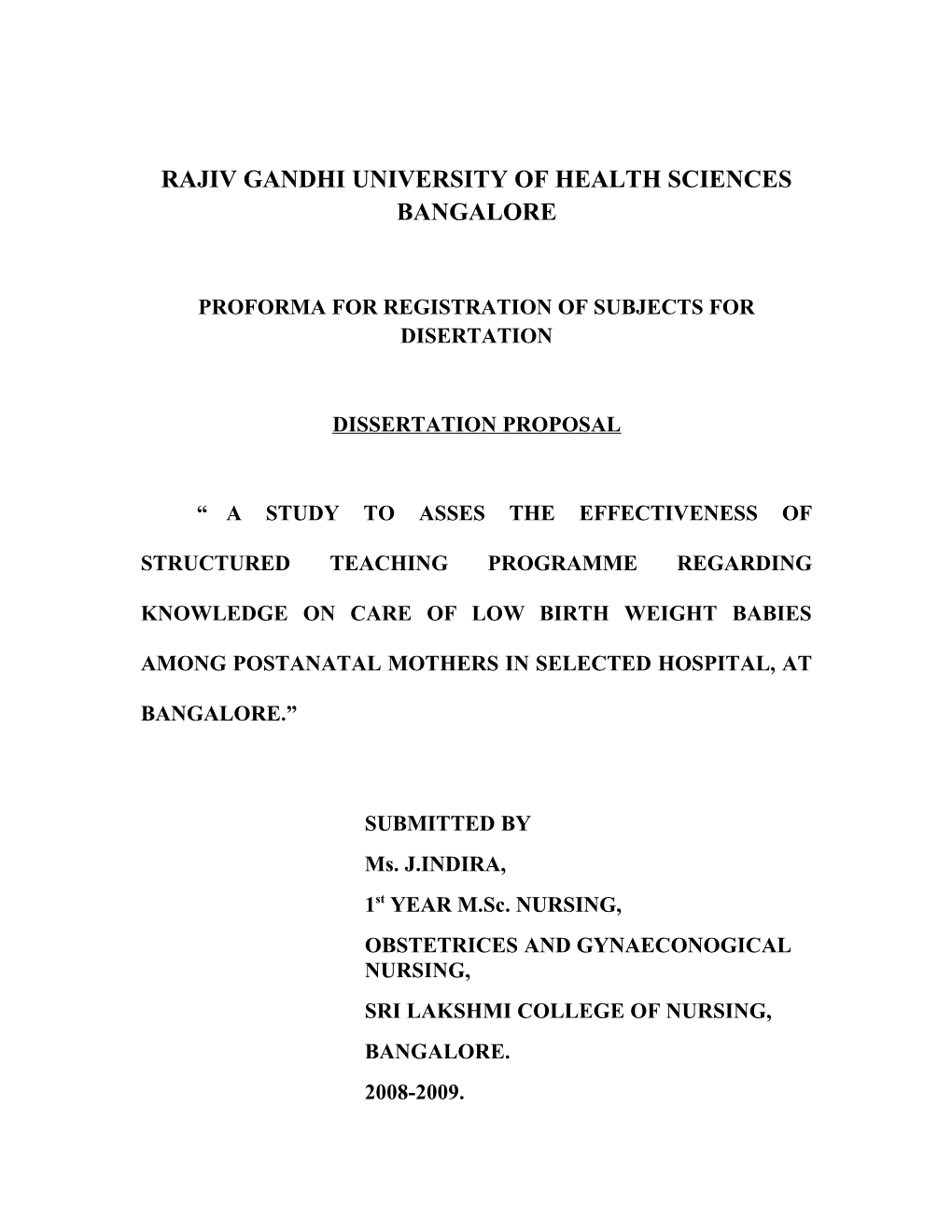 Proforma for Registration of Subjects for Disertation