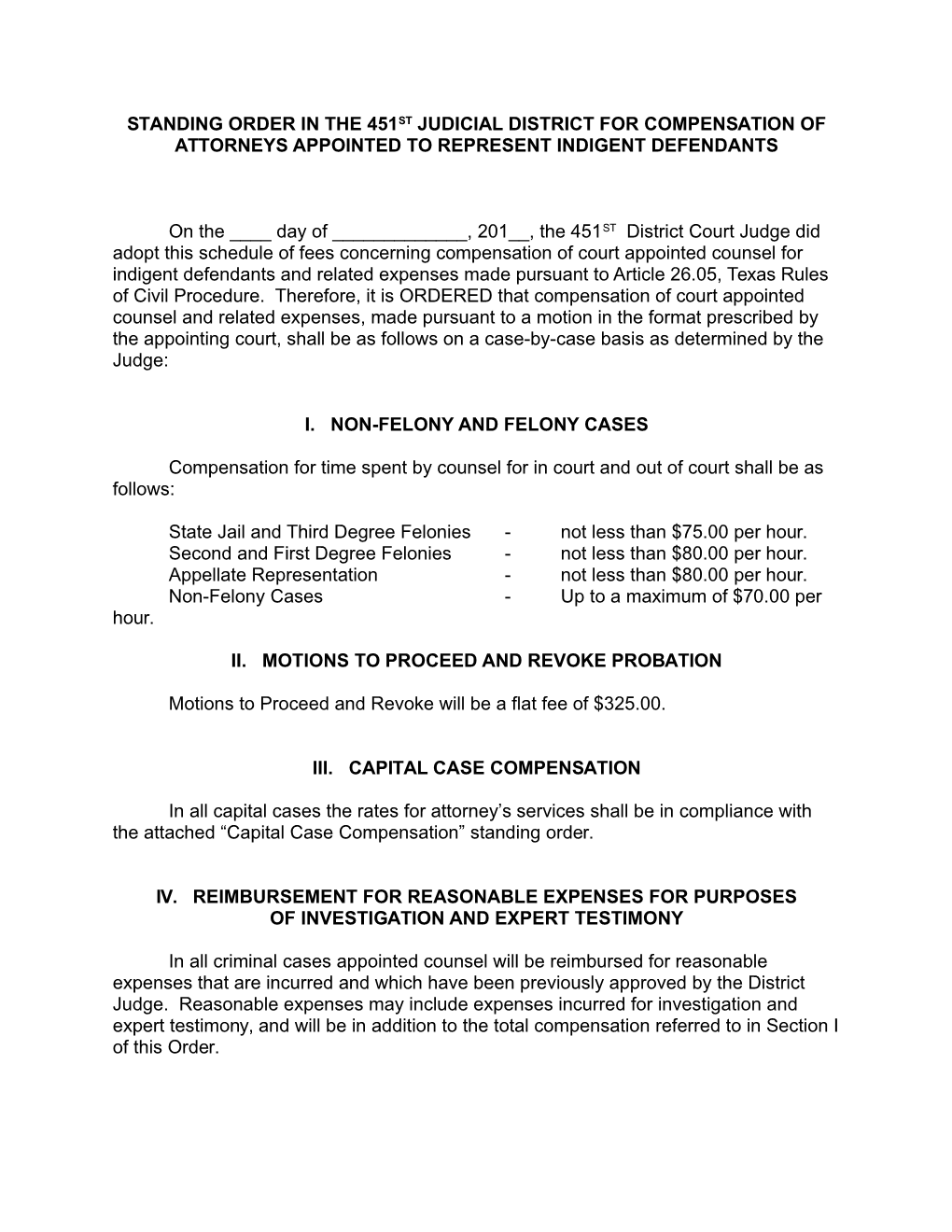 Standing Order in the 451St Judicial District for Compensation of Attorneysappointed To