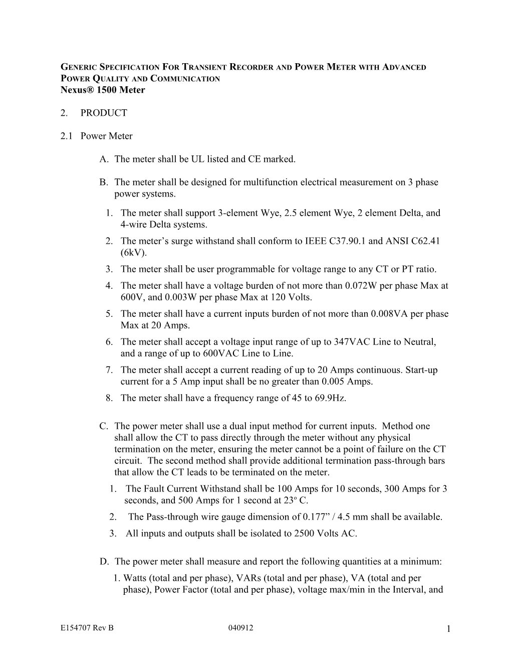 Generic Specification for High Performance Revenue Power Meter with Power Quality Recording