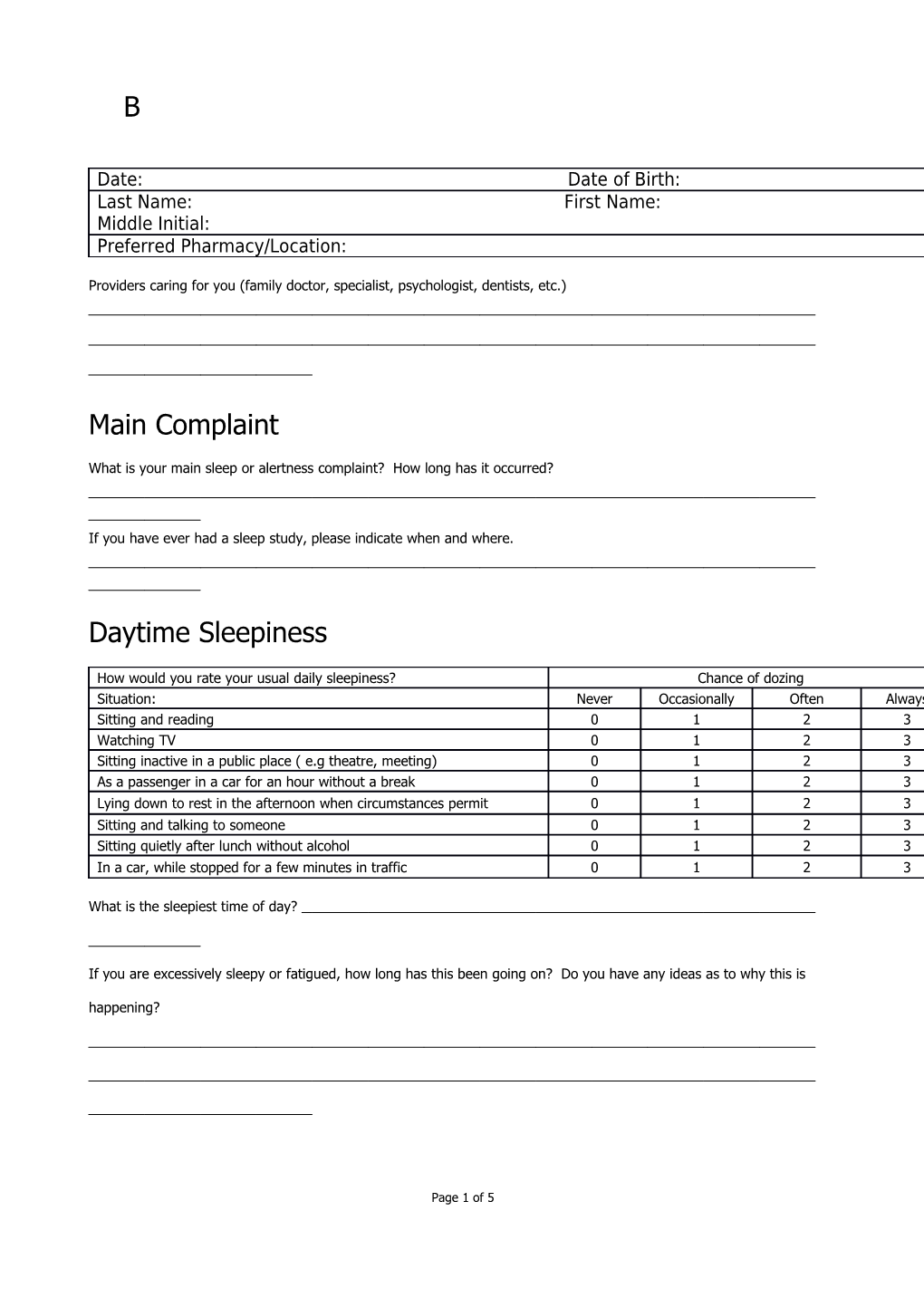 BRONSON Sleep Health Adult Health Assessment