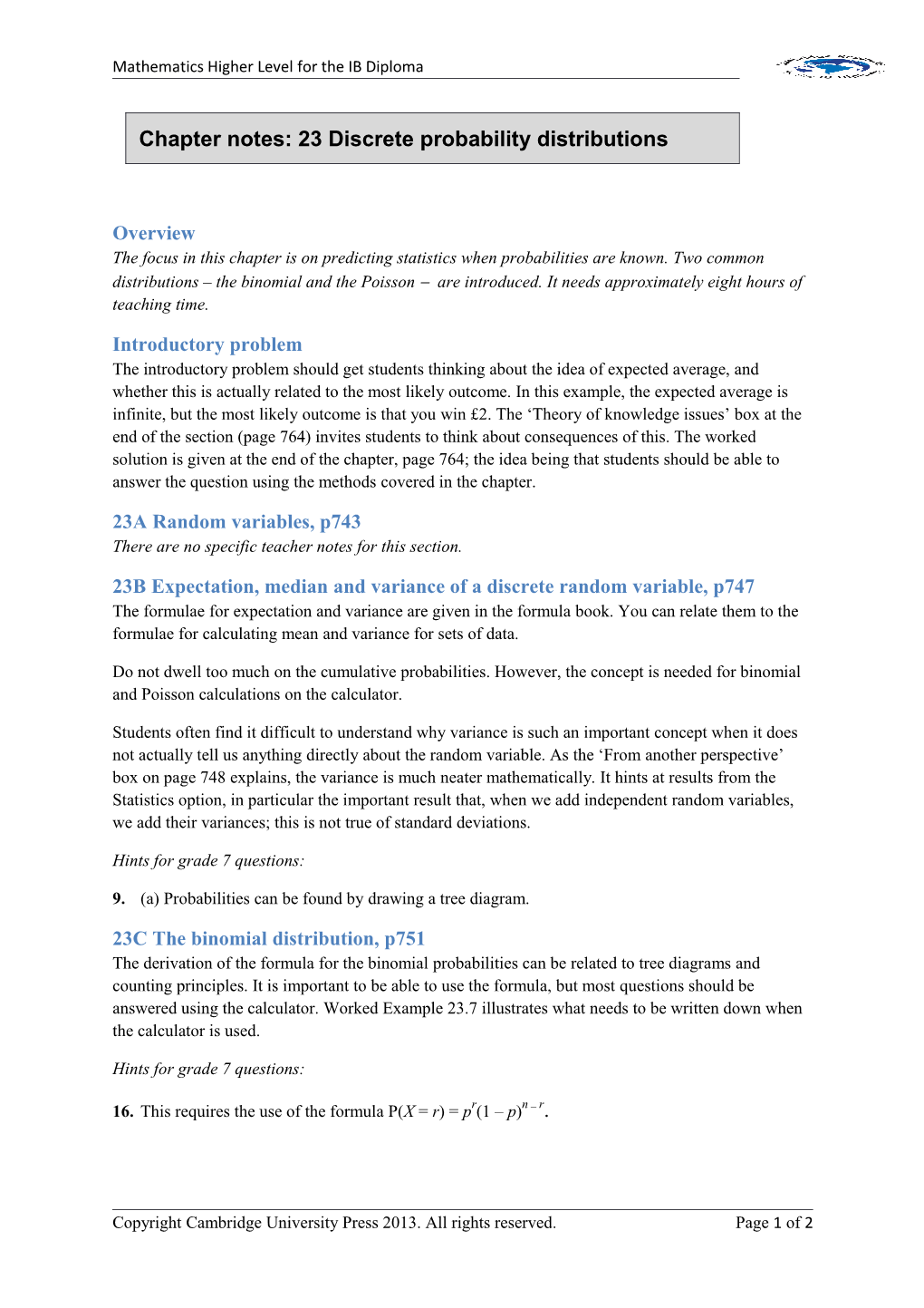 Chapter Notes: 23 Discrete Probability Distributions