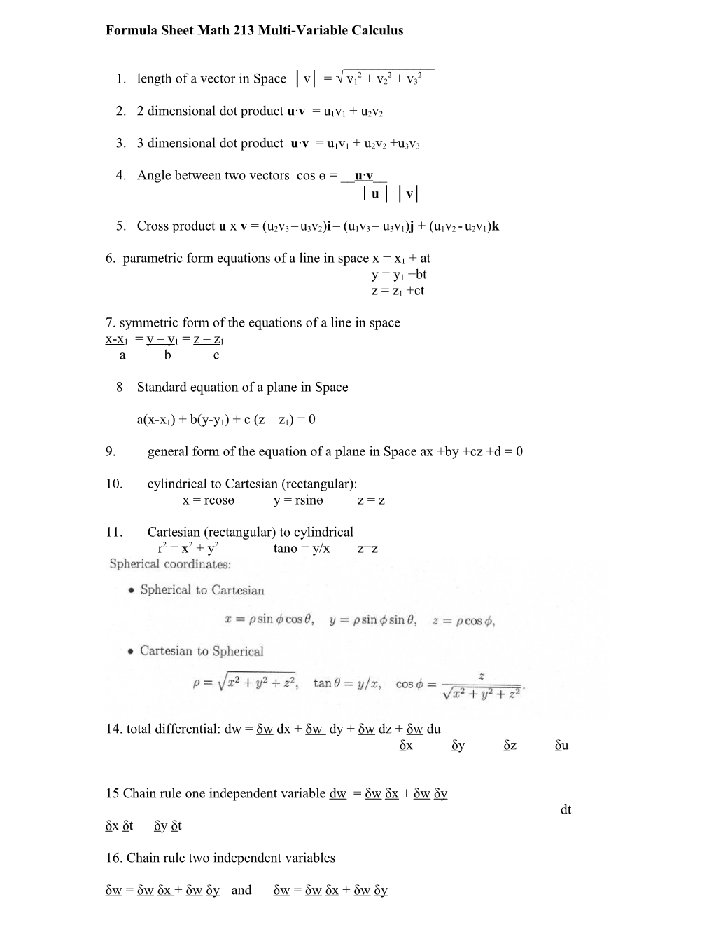 Formula Sheet Math 213 Multi-Variable Calculus