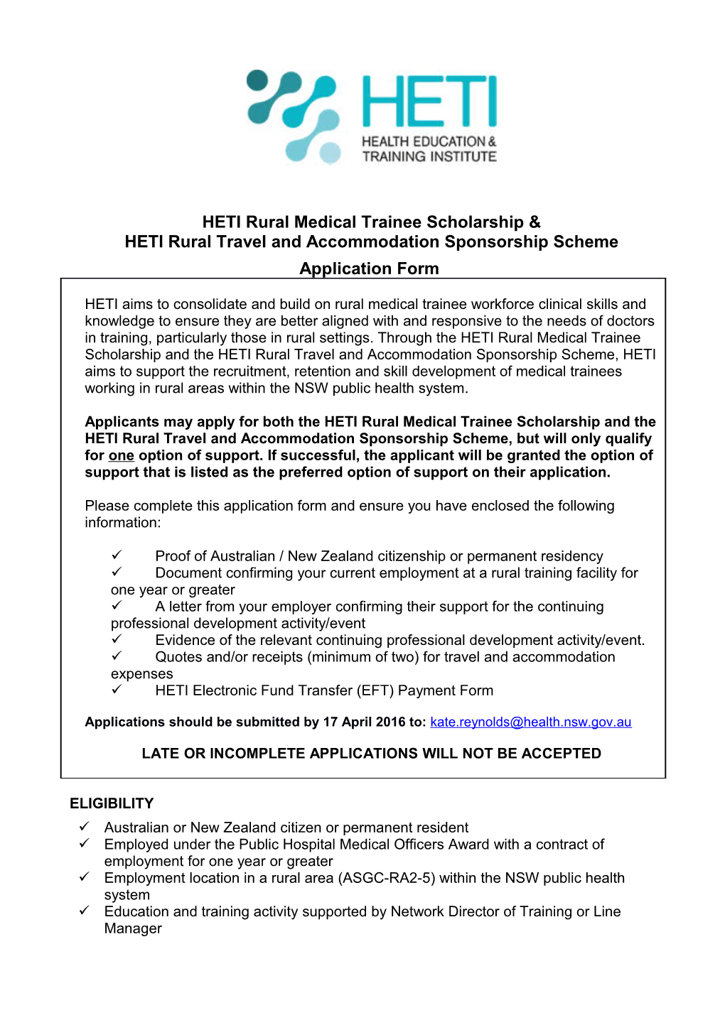 HETI Rural Medical Trainee Scholarship & HETI Rural Travel and Accommodation Sponsorship