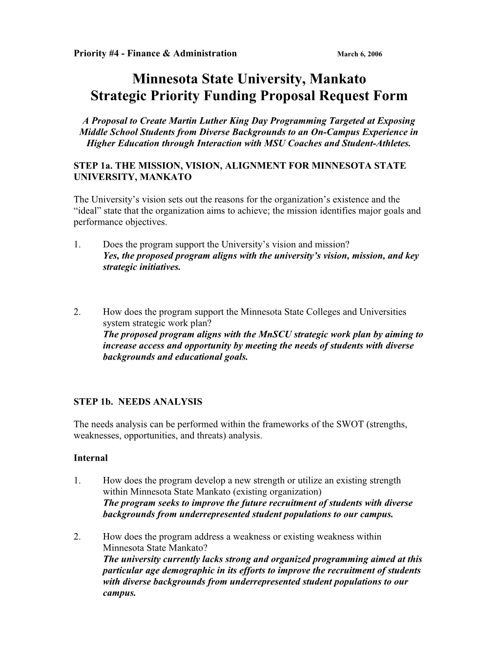 Priority #4 - Finance & Administration March 6, 2006