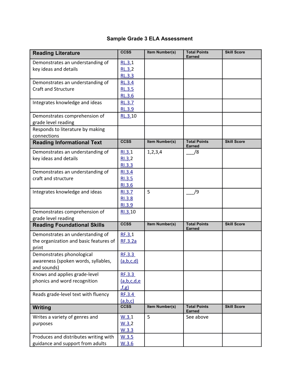 Sample Grade 3 ELA Assessment