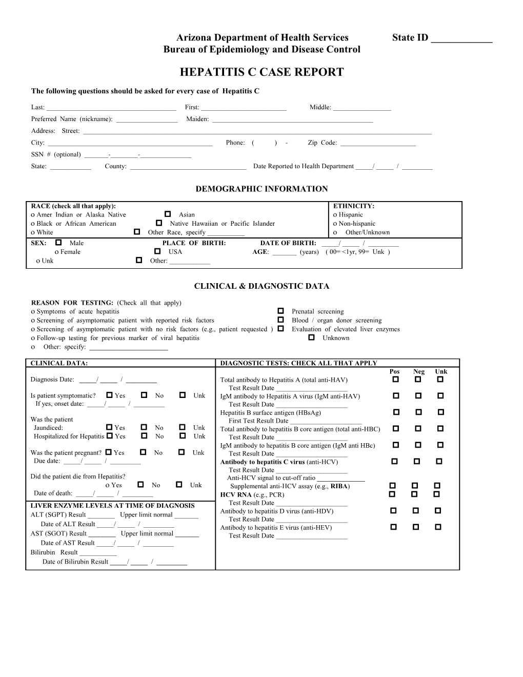 Arizona Department of Health Services State ID ______