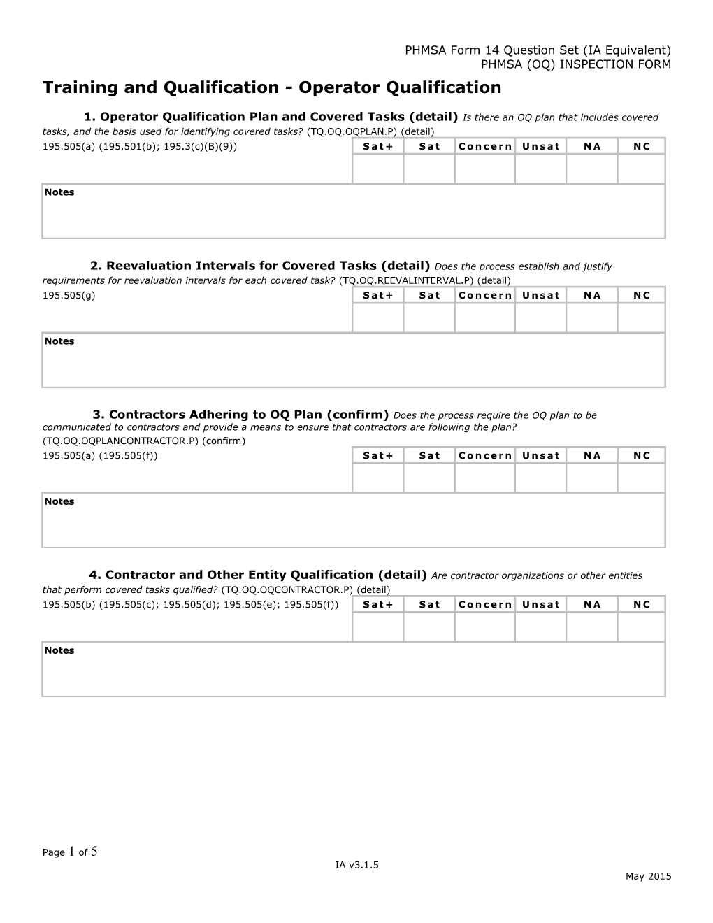 PHMSA Form 14 Question Set (IA Equivalent)