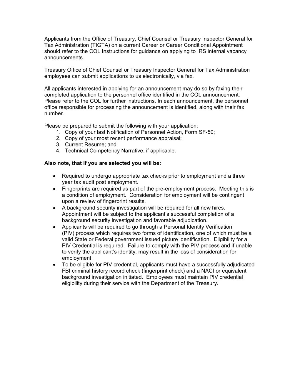 Conditions of Employment for TIGTA and Treasury Office of Chief Counsel Employees Applying