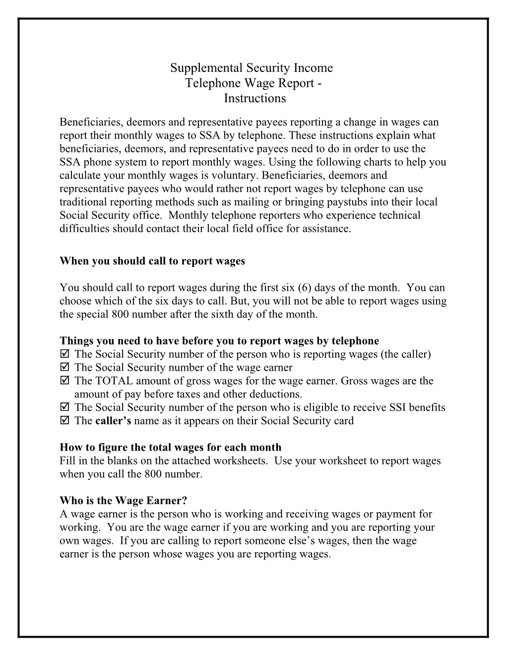 Supplemental Security Income Telephone Wage Report Worksheet