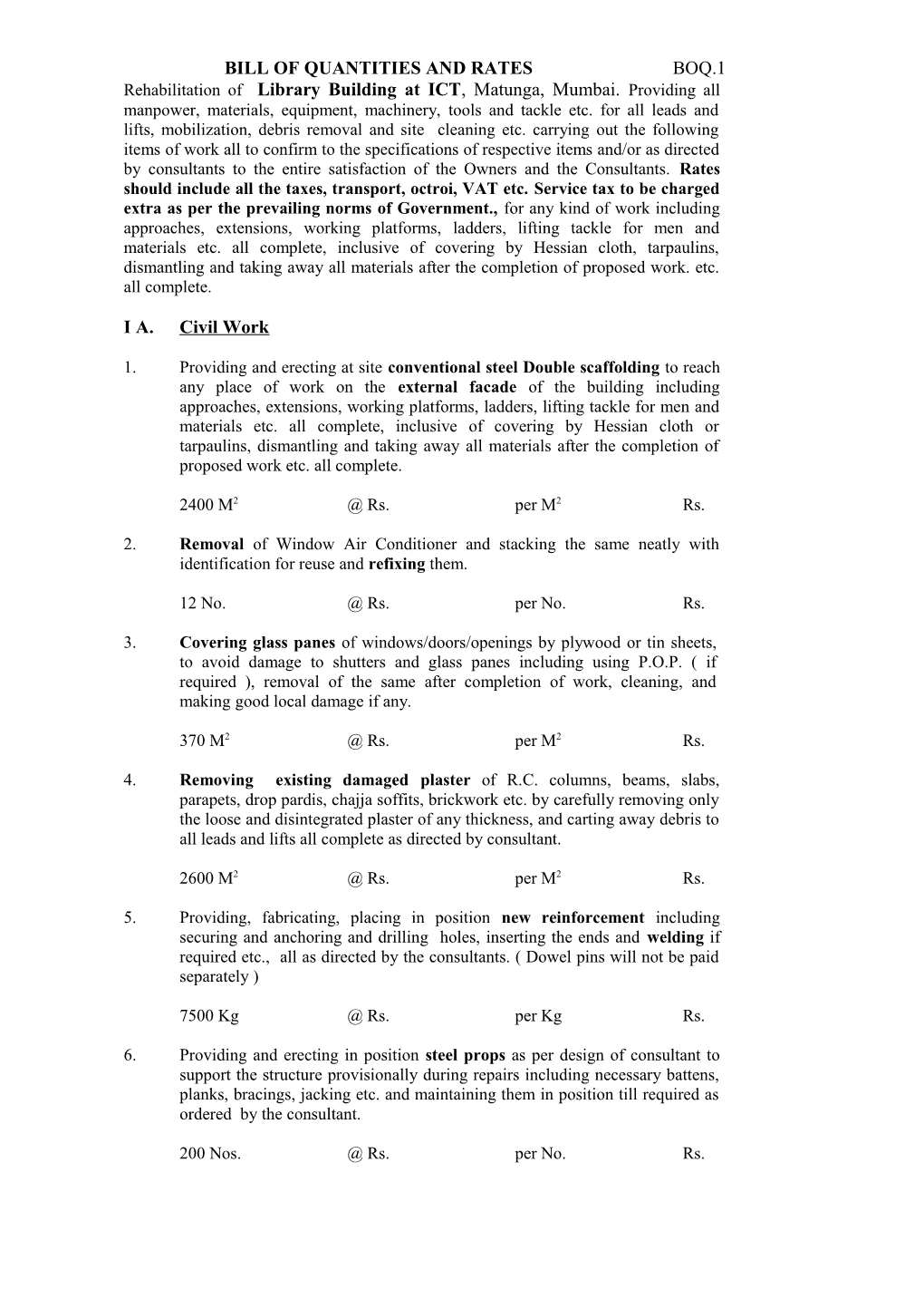 BILL of QUANTITIES Page 1