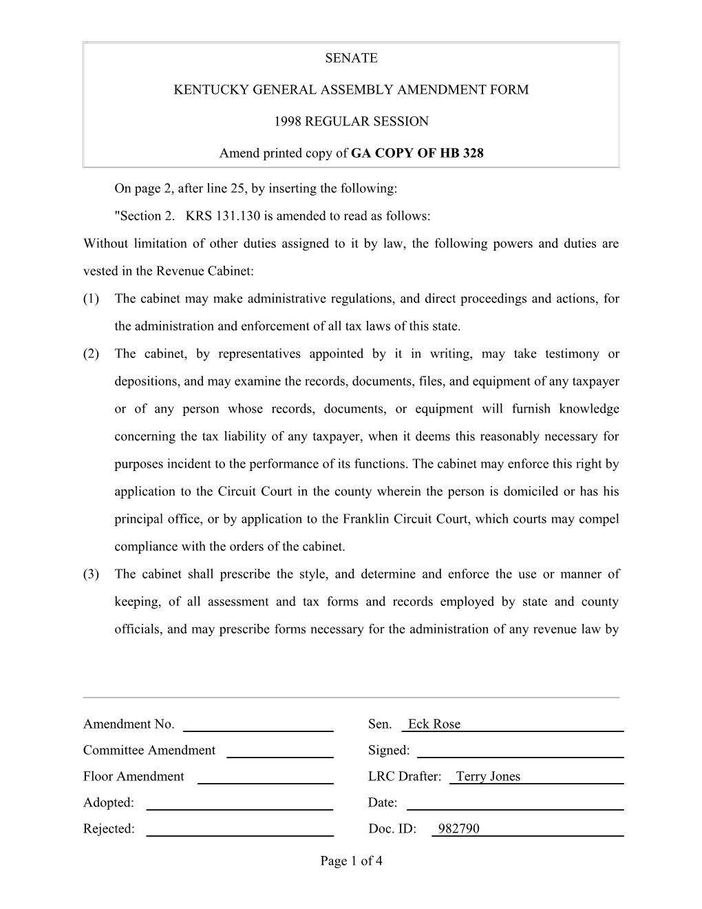 Kentucky General Assembly Amendment Form s2