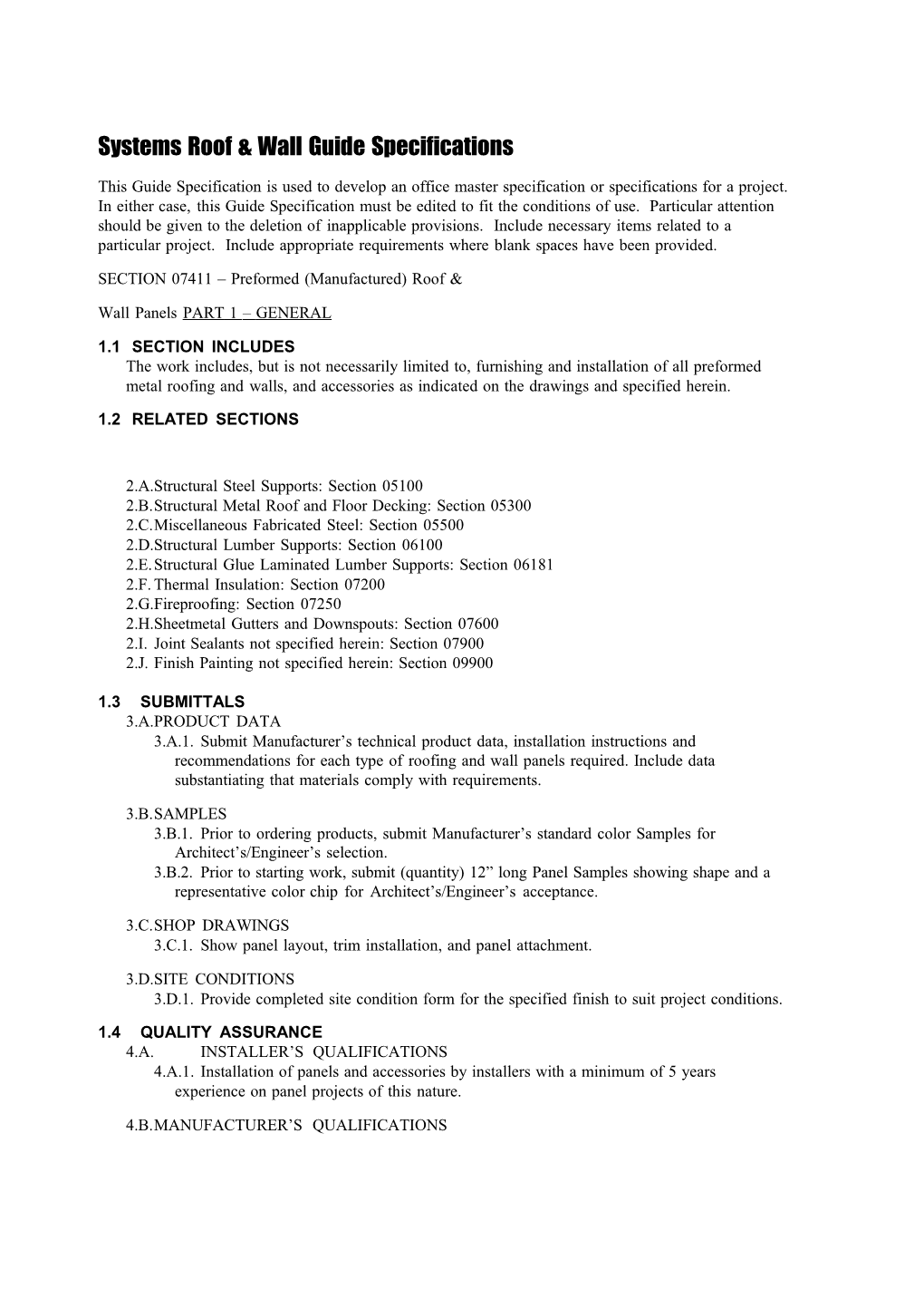 Systems Roof Wall Guide Specifications