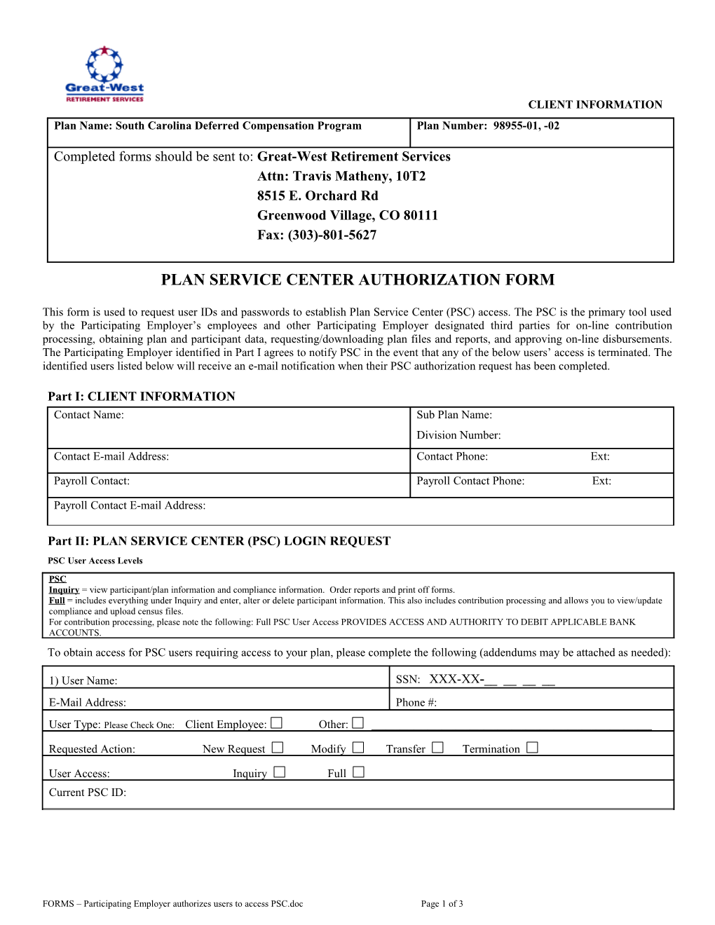Plan Service Center Authorization Form