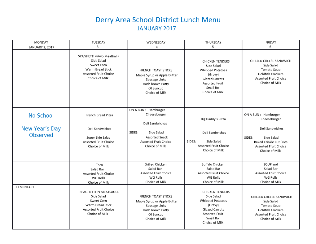 Derry Area School District Lunch Menu s1