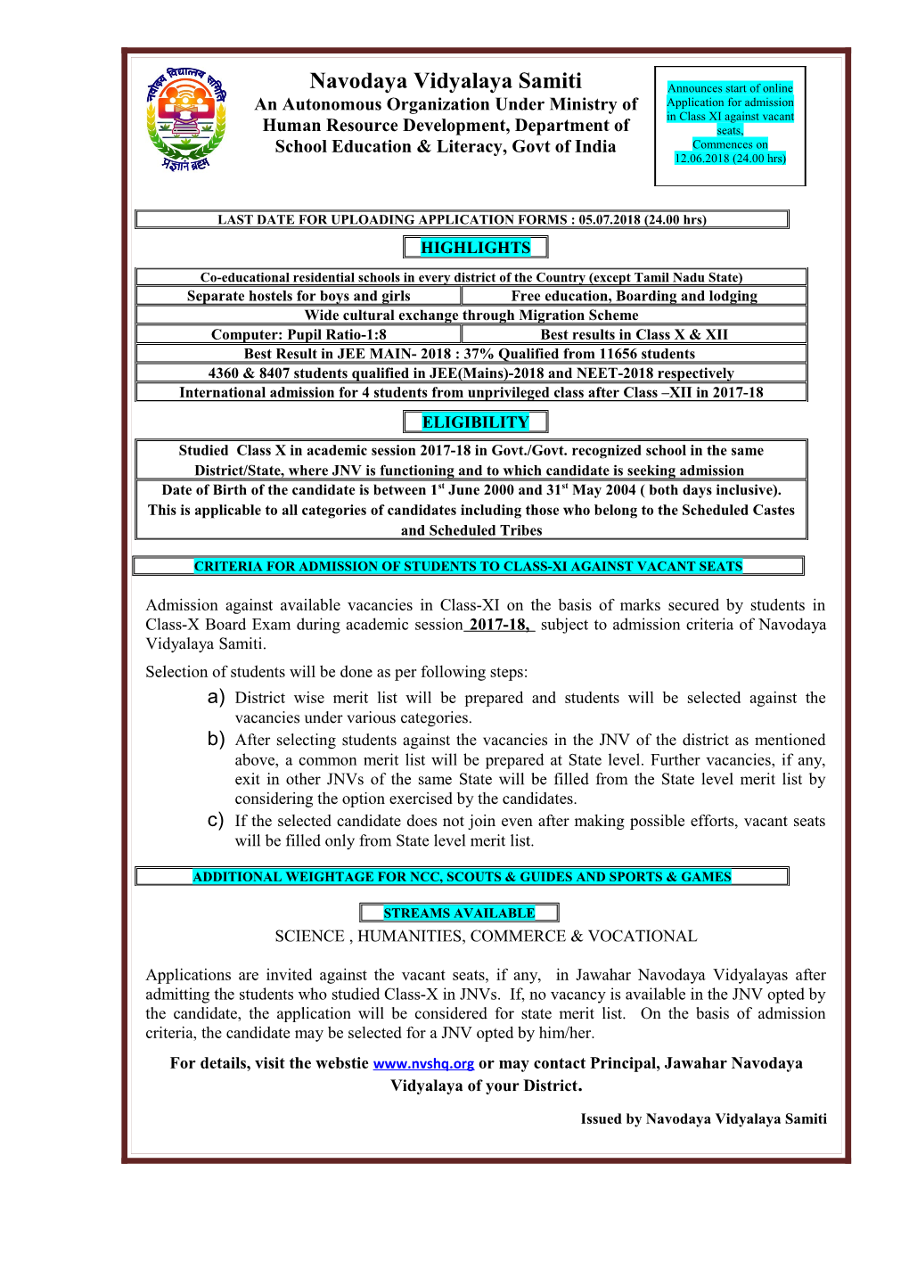 Admission of Students to Class-Xi Against Vacant Seats During the Session 2018-19