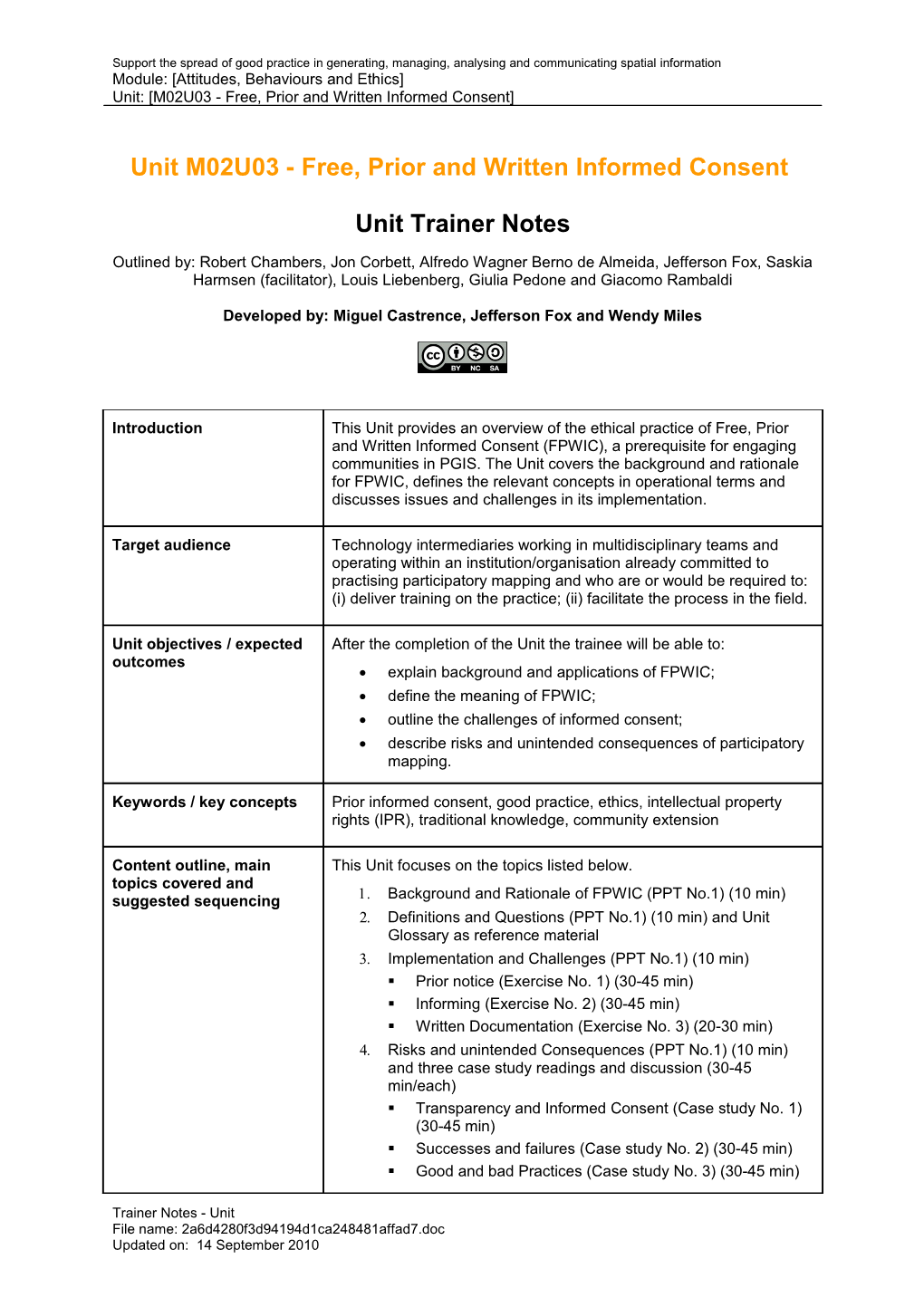 Unit Trainer Notes - Free, Prior and Written Informed Consent