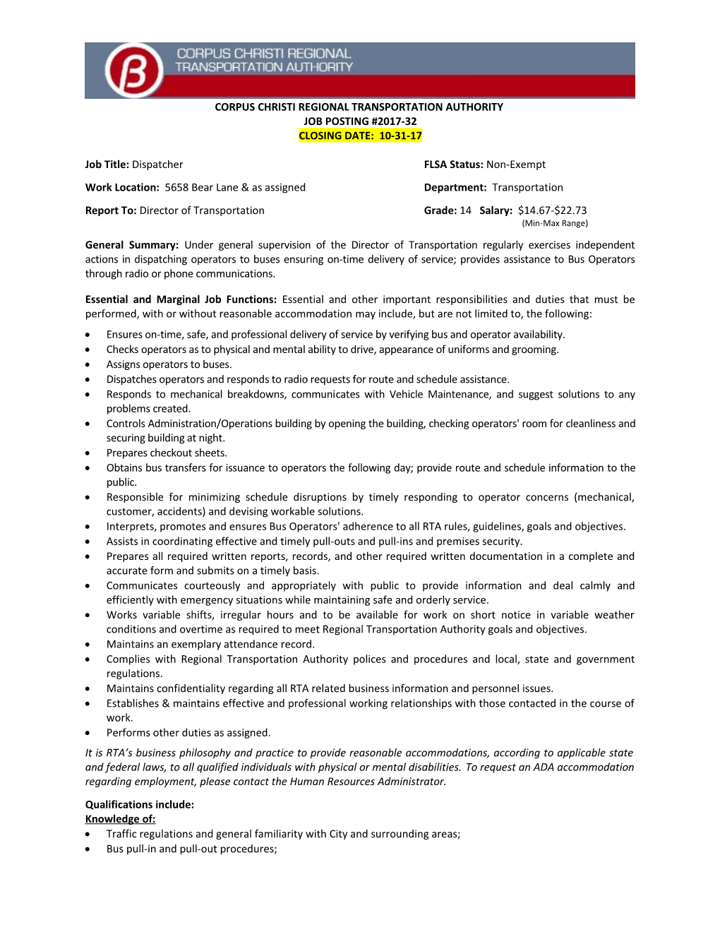 Regional Transportation Authority Job Description s1