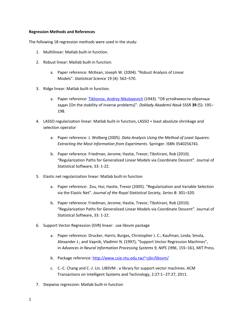 Regression Methods and References