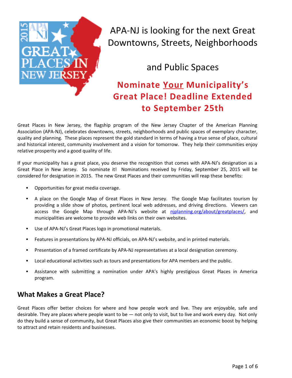 Nominate Your Great Place! Deadline Extended: Friday, September 25, 2015