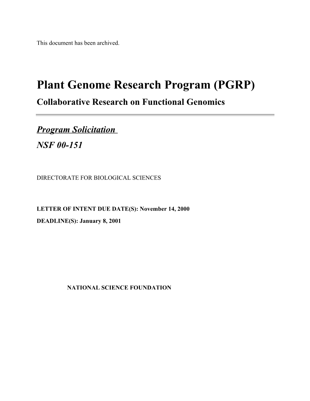 NSF Program Announcement/Solicitation: Plant Genome Research Program