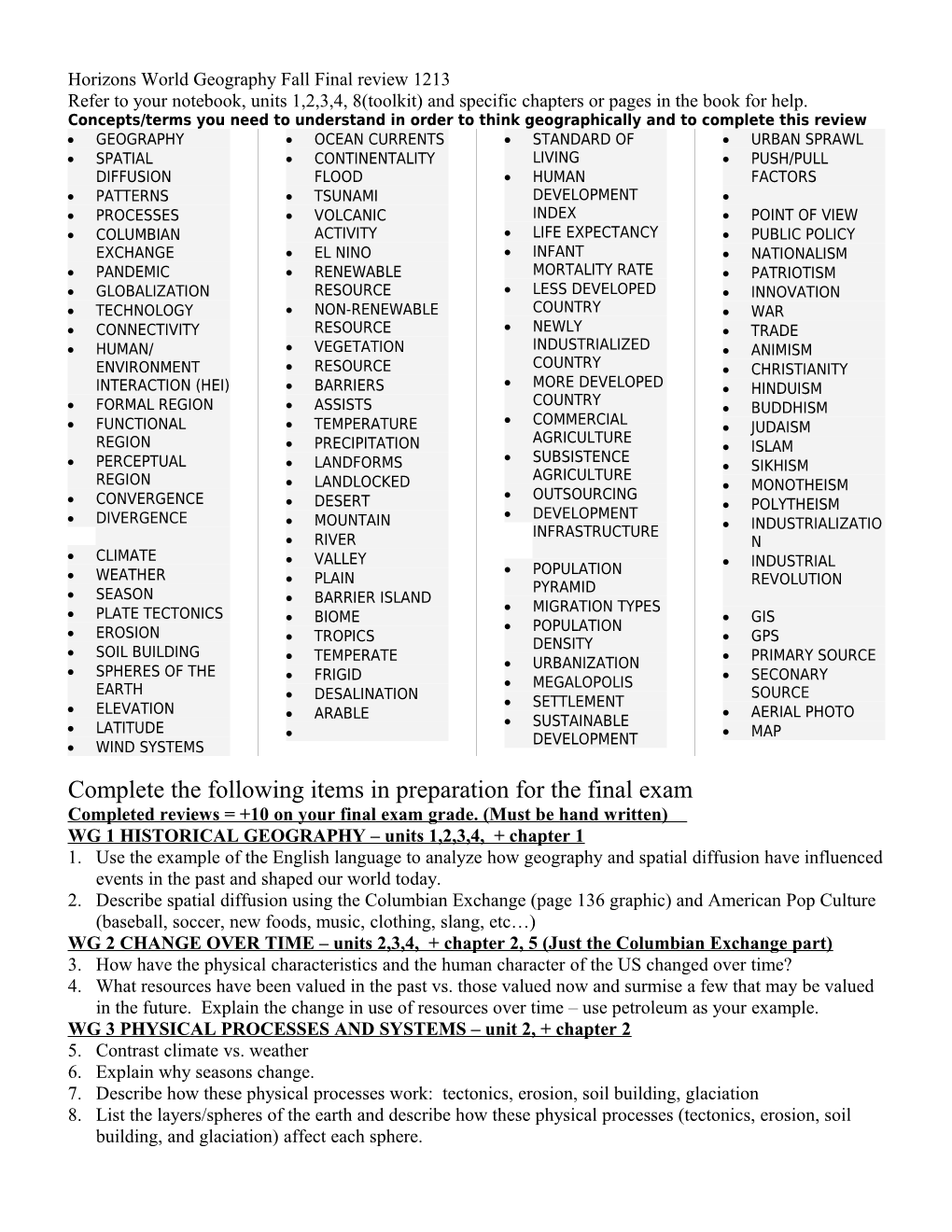 Horizons World Geography Fall Final Review