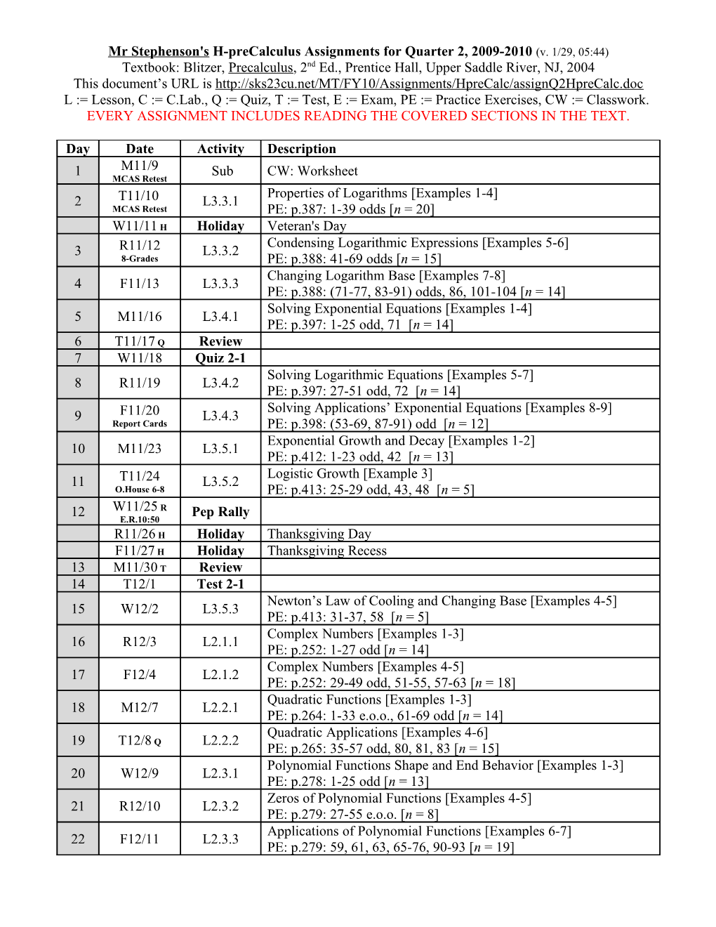 Mr Stephenson's H-Precalculus Assignments for Quarter 2, 2009-2010 (V. 1/25, 05:06)