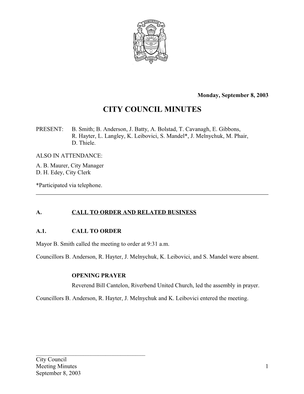 Minutes for City Council September 8, 2003 Meeting