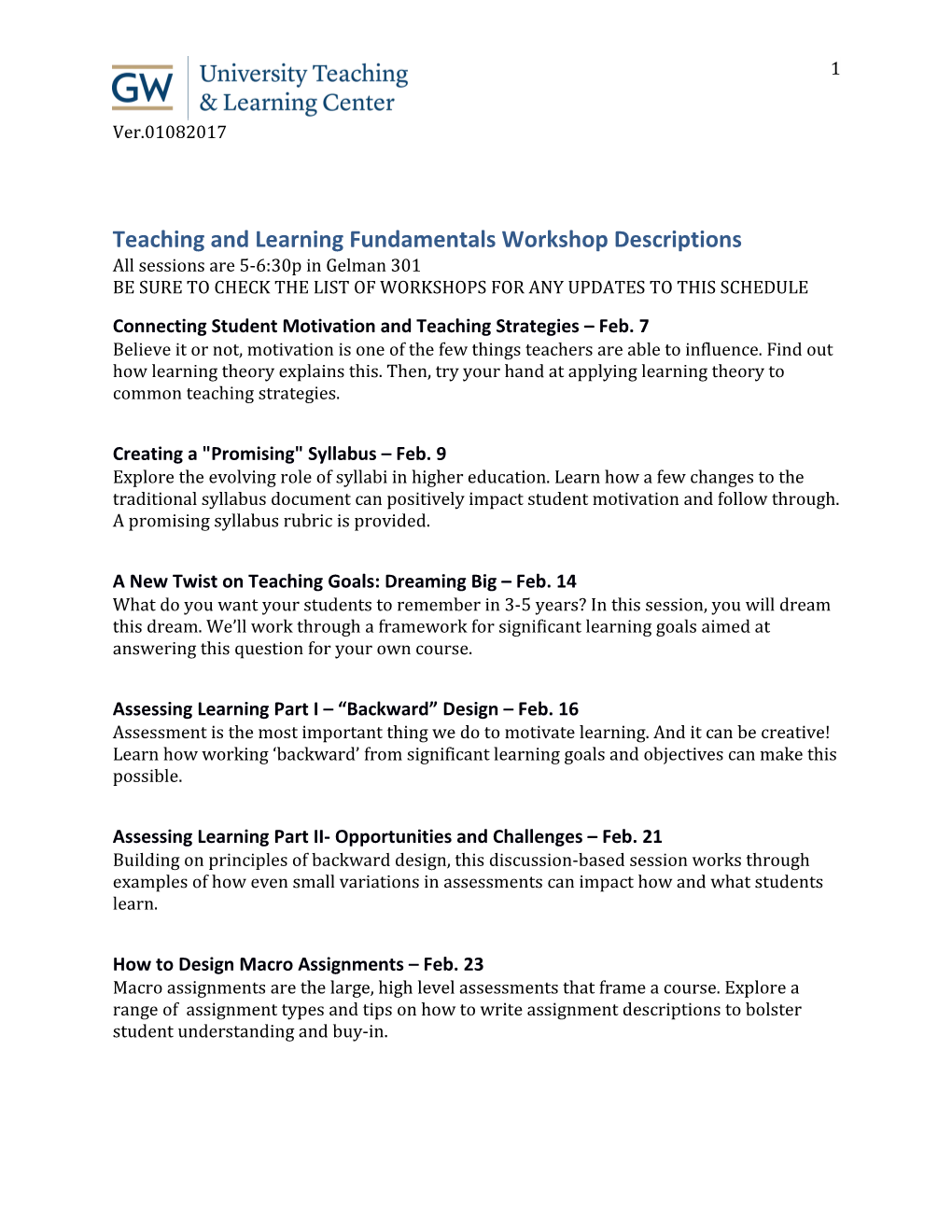 Teaching and Learning Fundamentals Workshop Descriptions