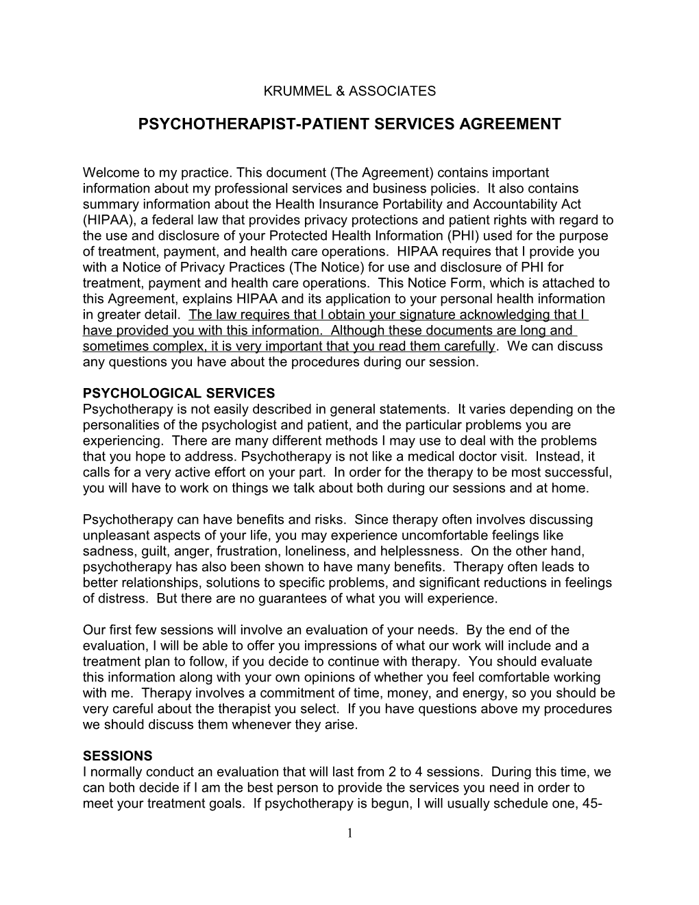 Psychotherapist-Patient Services Agreement