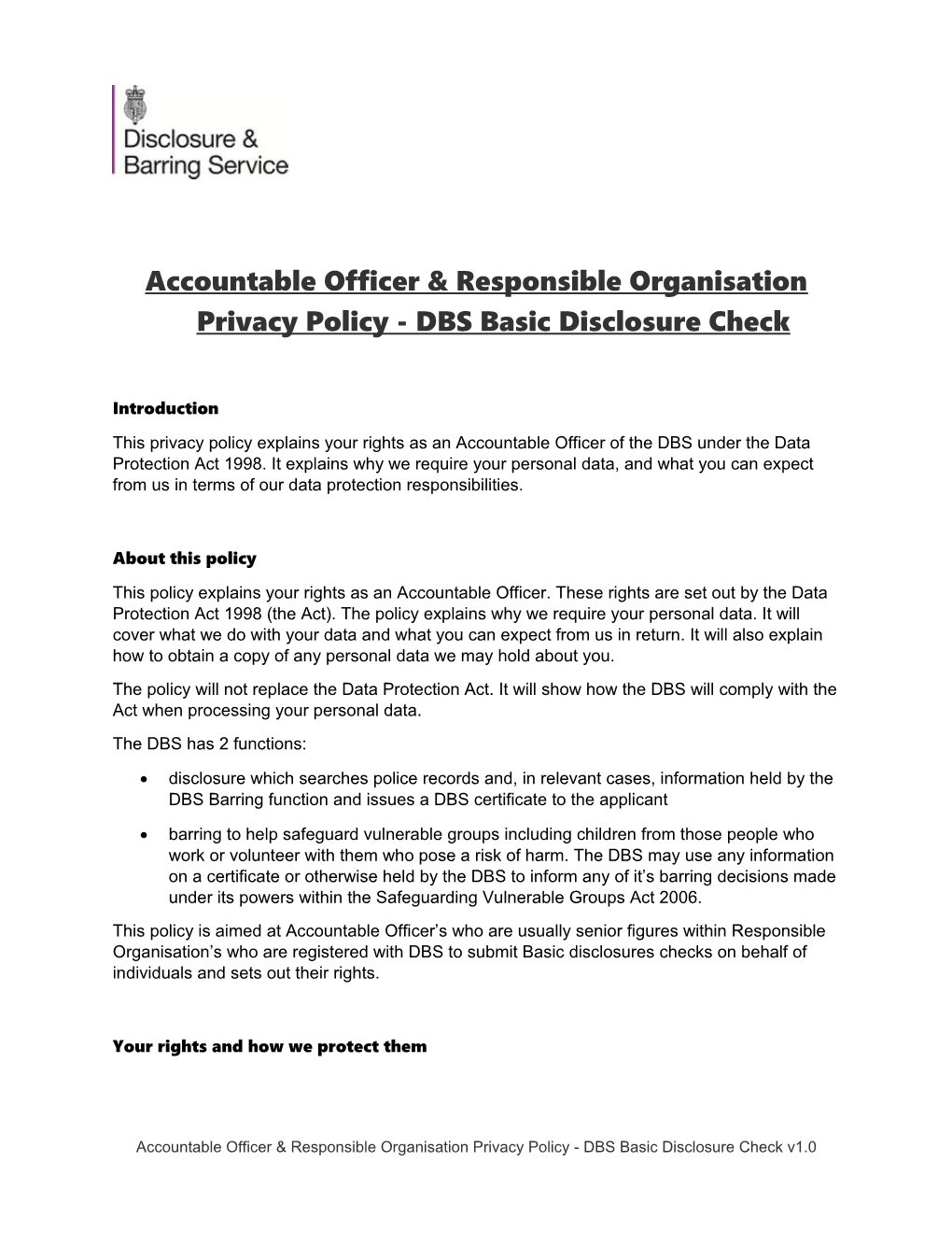 Accountable Officer & Responsible Organisation Privacy Policy - DBS Basic Disclosure Check
