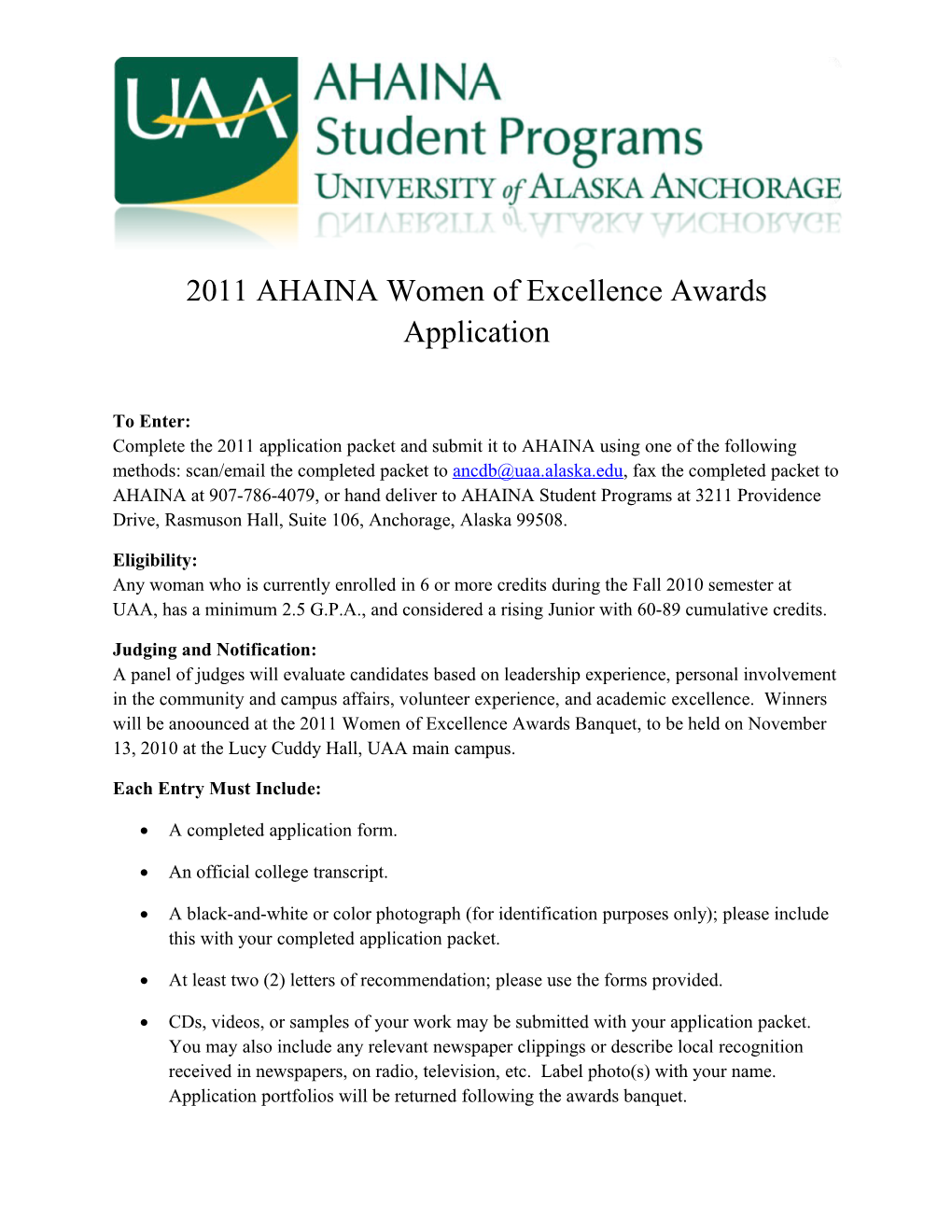 2011 AHAINA Women of Excellence Awards Application