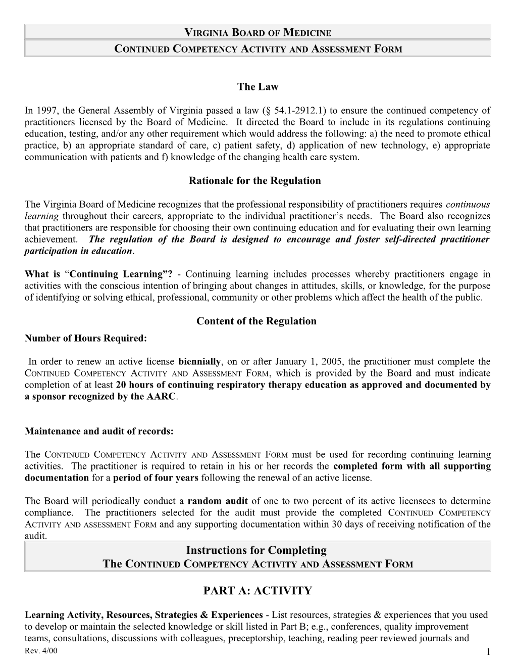 Continued Competency Activity and Assessment Form