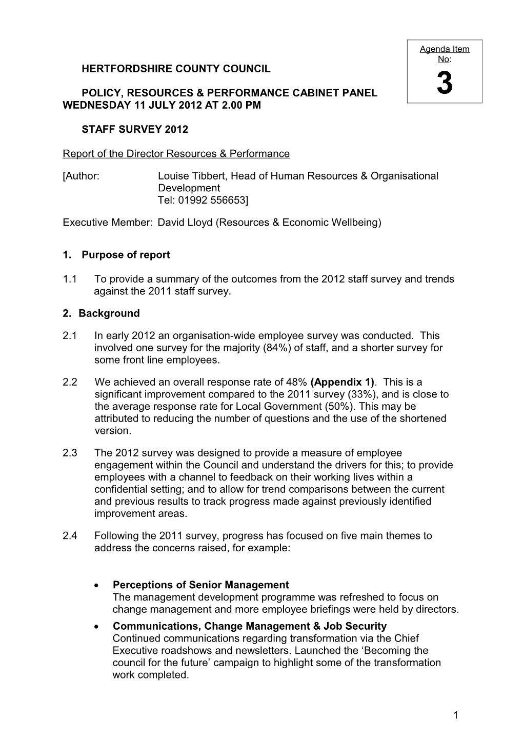 Policy, Resources & Performance Cabinet Panel Wednesday 11 July 2012 at 2.00Pm Item 3