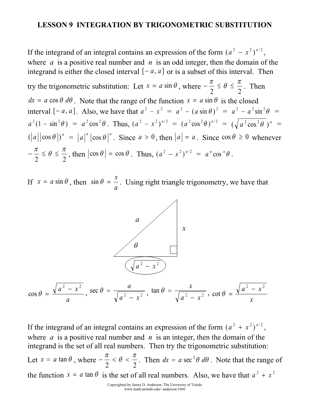 Lesson 9 Integration by Trigonometric Substitution