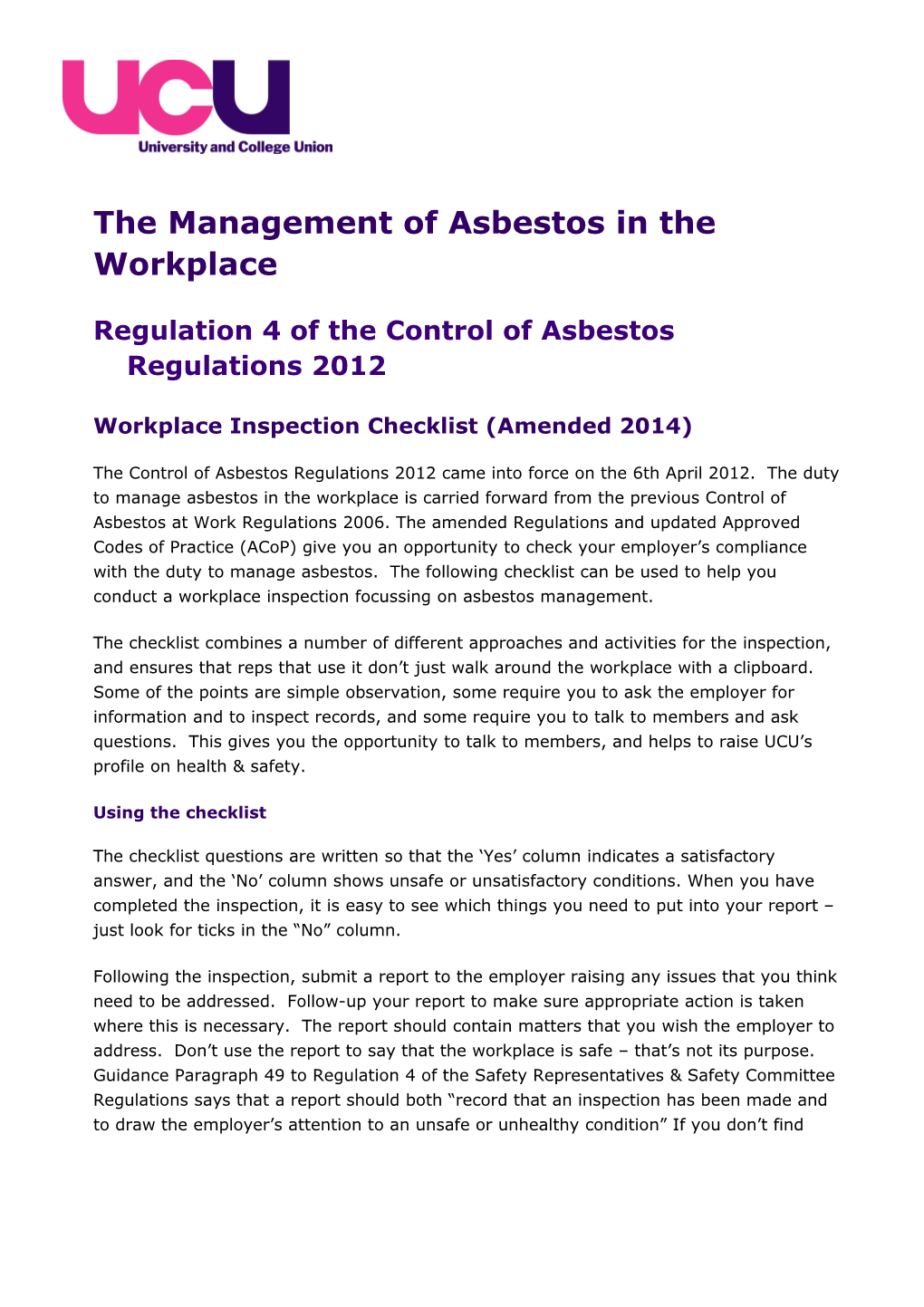 The Management of Asbestos in the Workplace