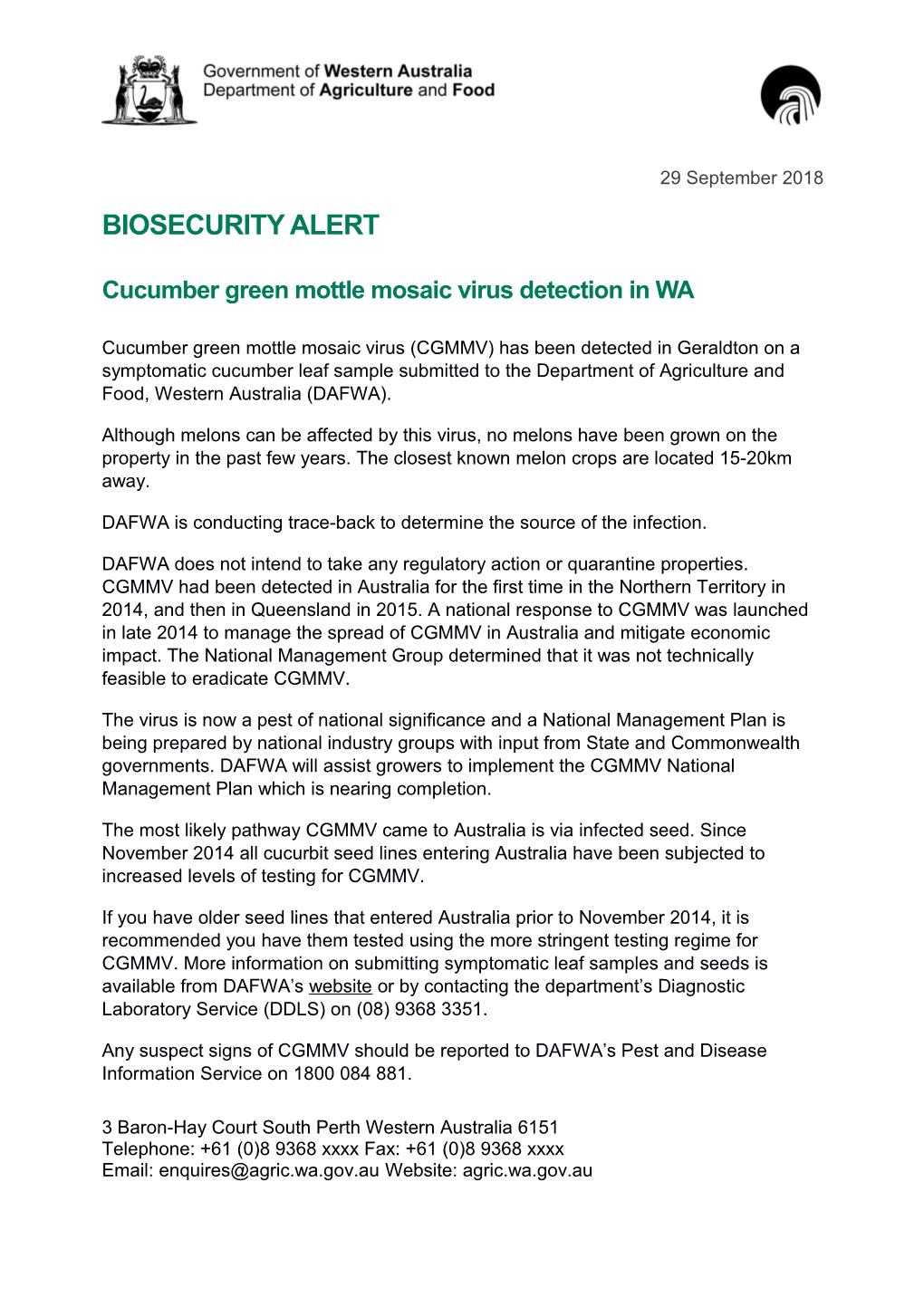 Cucumber Green Mottle Mosaic Virus Detection in WA