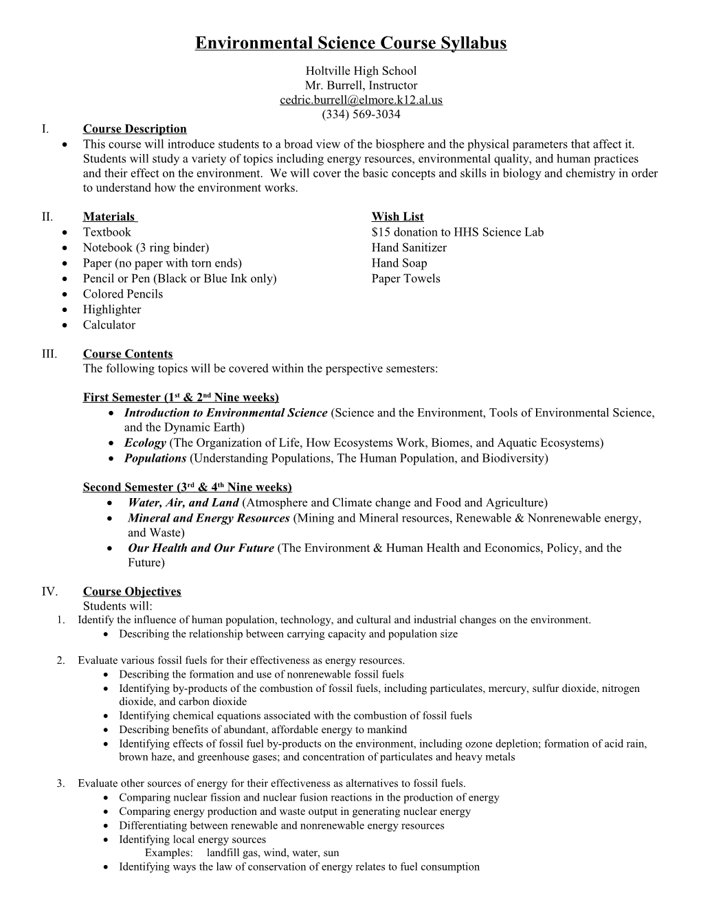 Environmental Science Course Syllabus