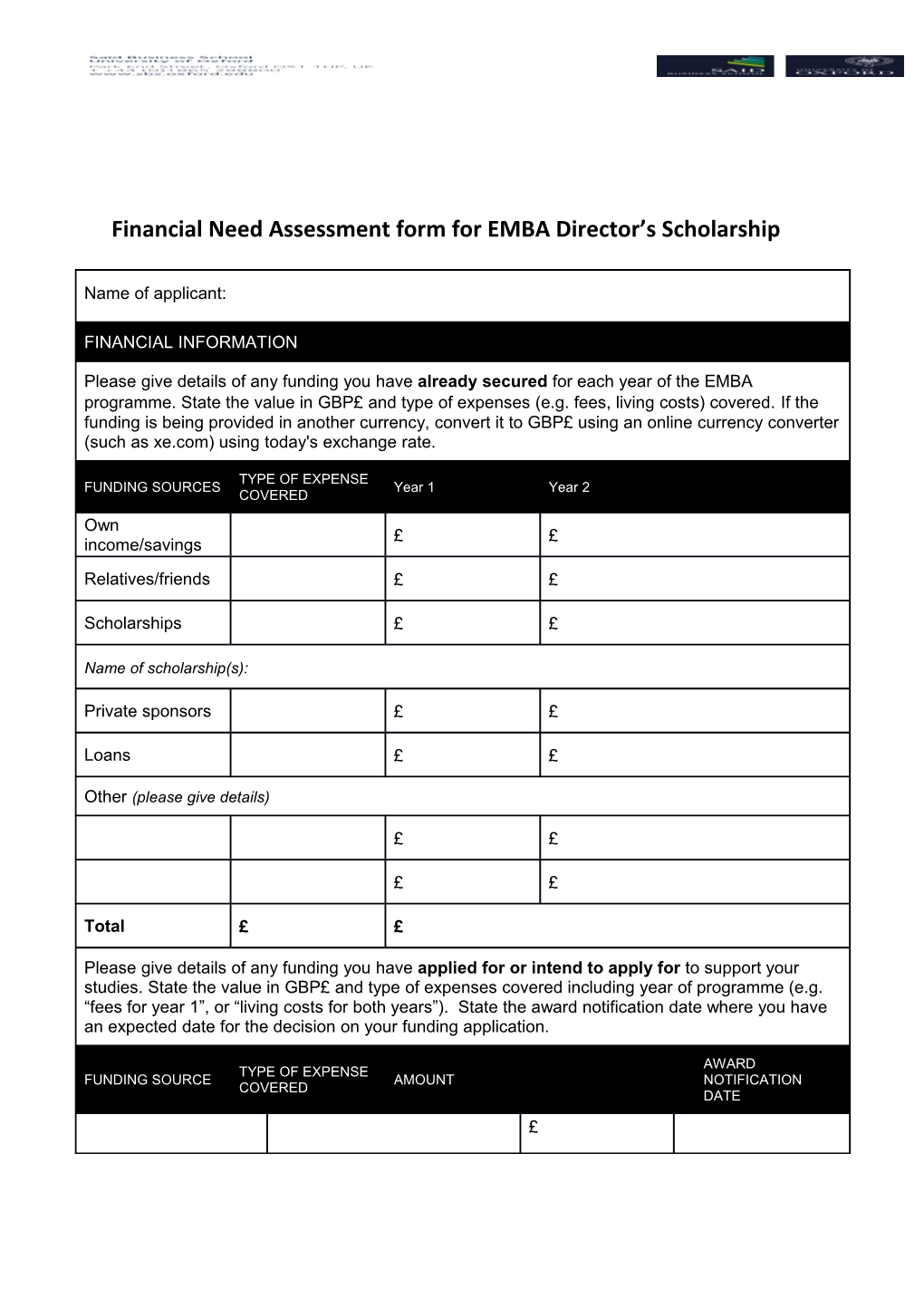 Financial Need Assessment Form for EMBA Director S Scholarship