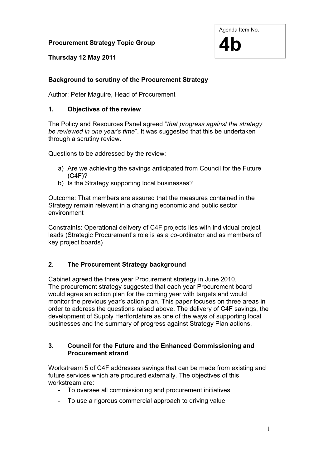 Background to Scrutiny of the Procurement Strategy