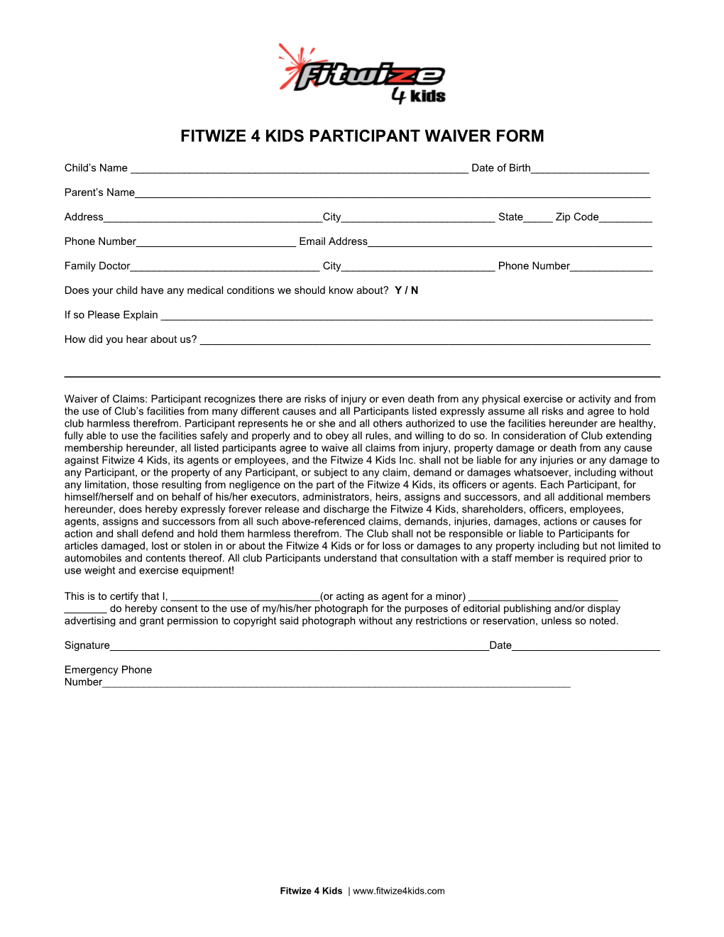Fitwize 4 Kids Participant Waiver Form