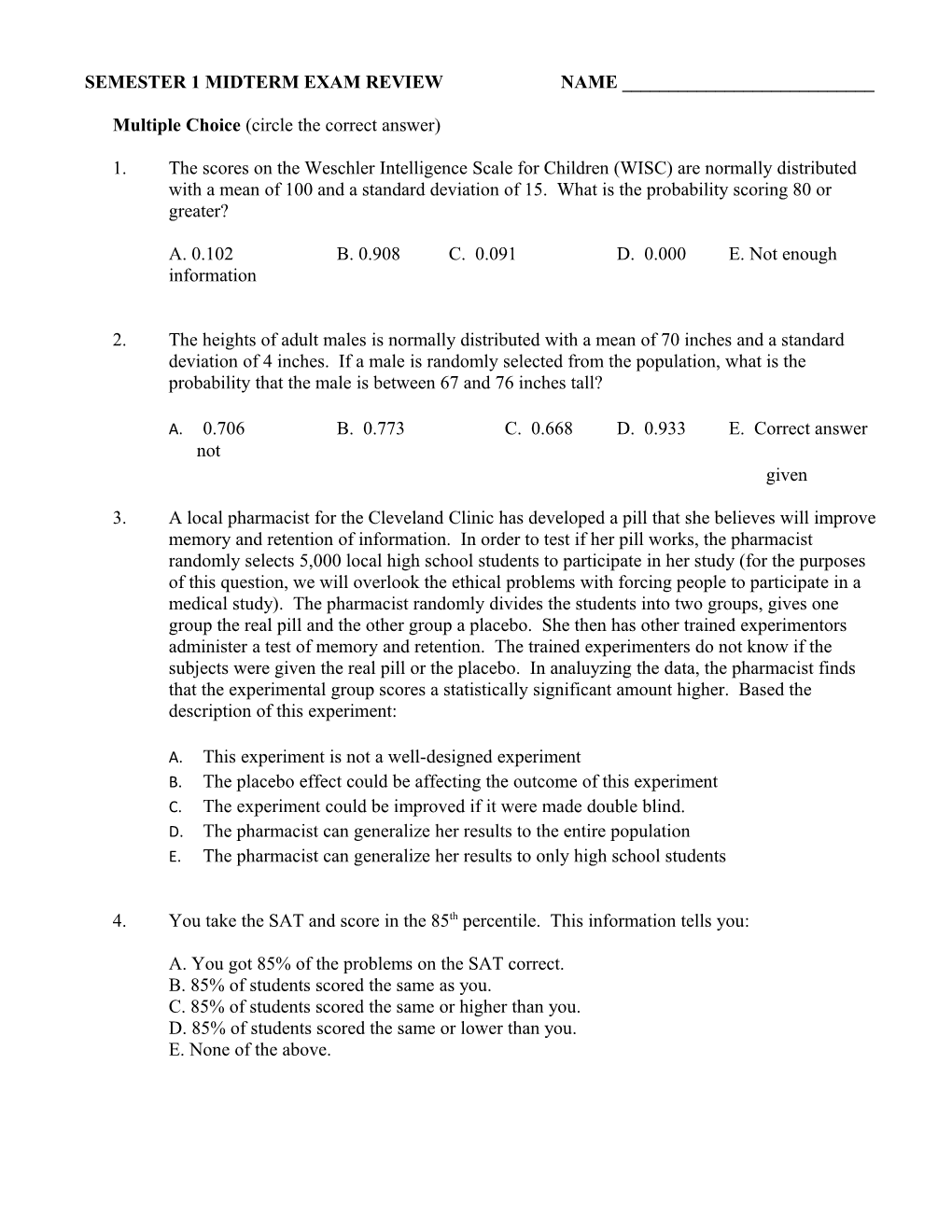 Semester 1 Midterm Exam Review Name ______