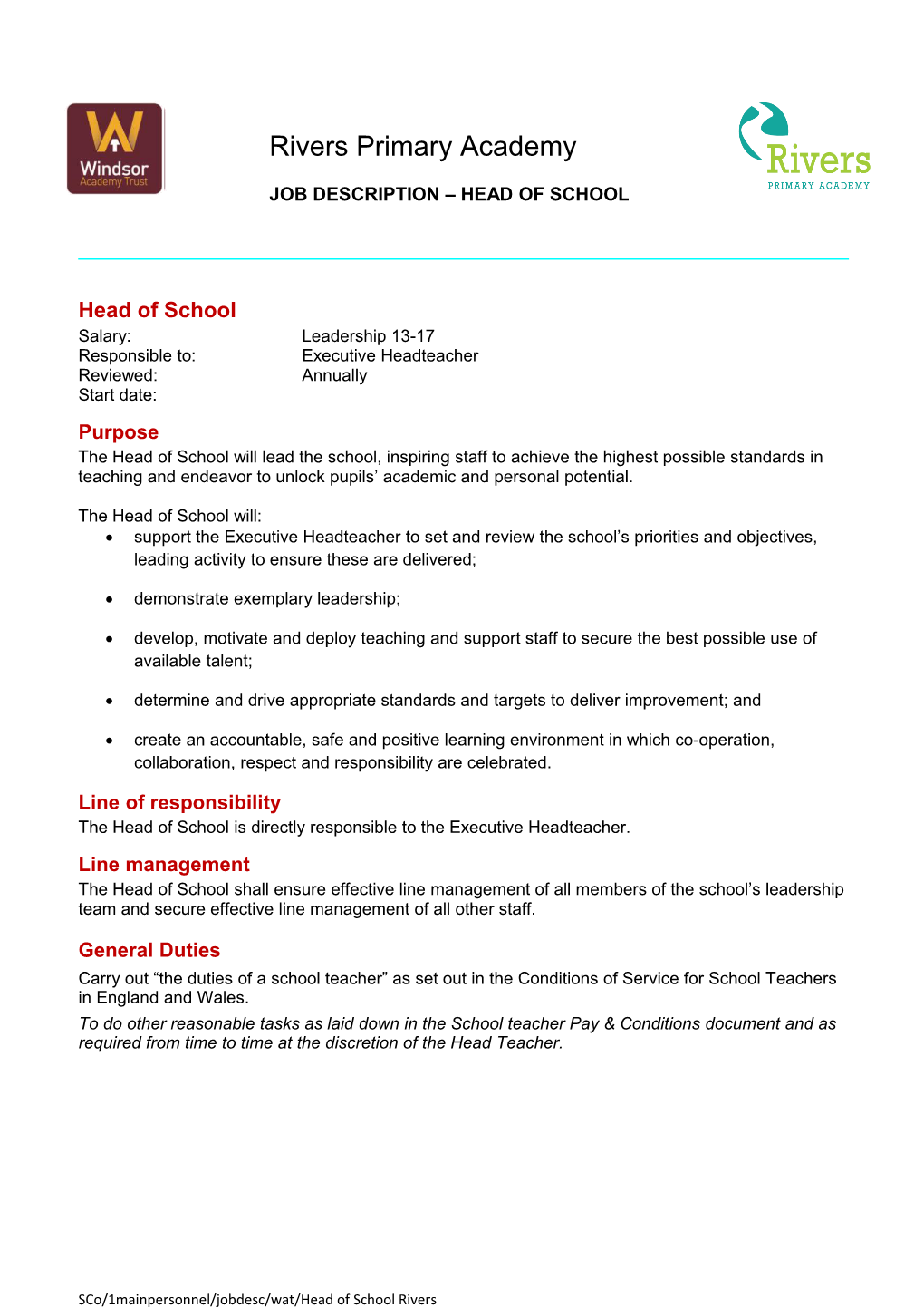 Job Description Head of School