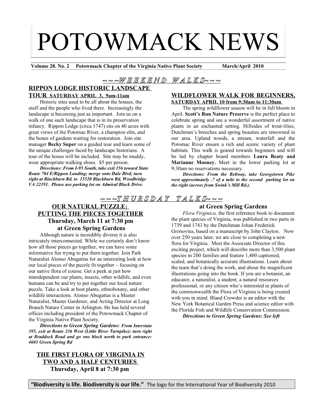 Volume 28. No. 2 Potowmack Chapter of the Virginia Native Plant Society March/April 2010