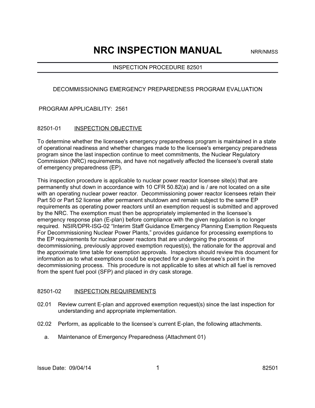 Nrc Inspection Manual Nrr/Nmss