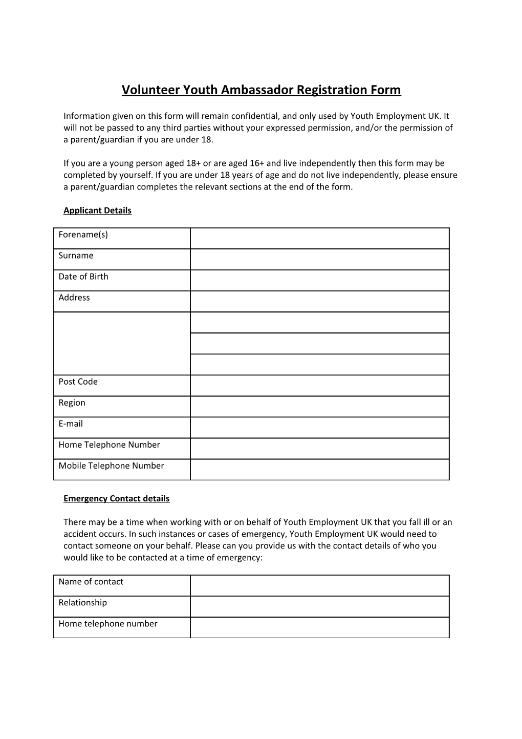 Volunteer Youth Ambassador Registration Form