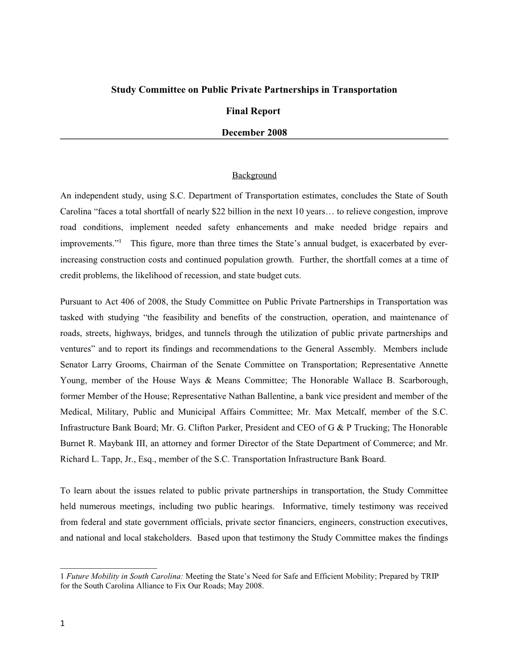 Study Committee on Public Private Partnerships in Transportation