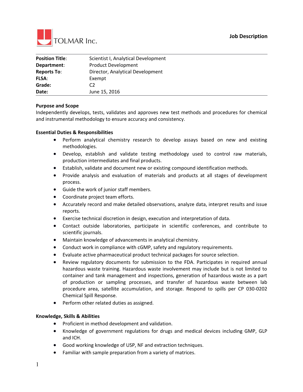 Position Title: Scientist I, Analytical Development