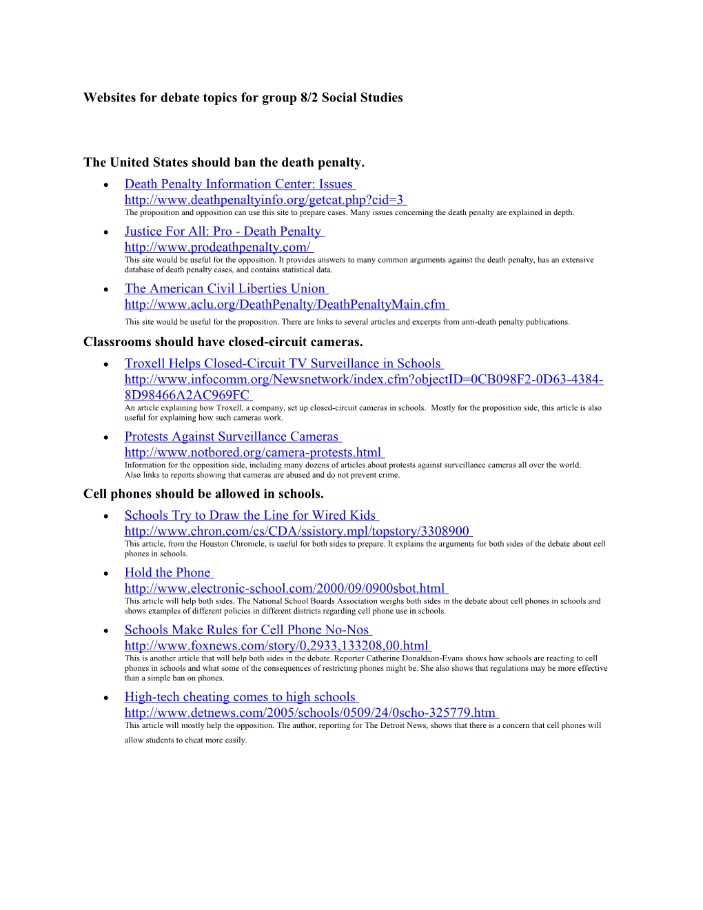 Websites for Debate Topics for Group 8/2 Social Studies